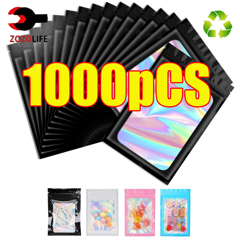 Food Storage Zip Lock Bags - 10-1000 Peças Sacos Ziplock Holográficos Pretos